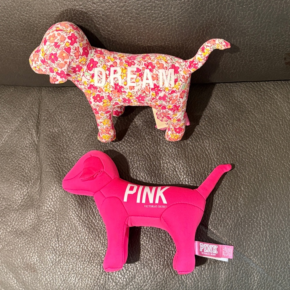 Victoria secret pink set of two stuffed dogs in hot pink and floral